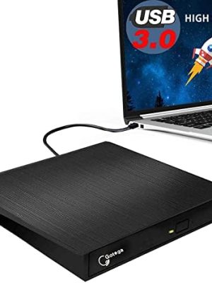 Gotega External DVD Drive, USB 3.0 Portable CD/DVD +/-RW Drive/DVD Player for Laptop CD ROM Burner Compatible with Laptop Desktop PC Windows Linux OS Apple Mac Black